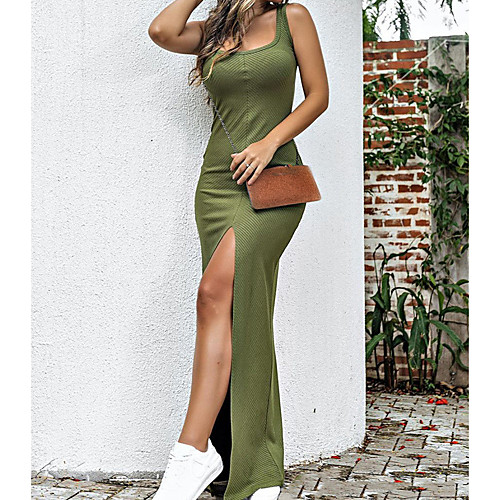 

Women's A Line Dress Maxi long Dress Green Sleeveless Solid Color Summer Casual 2021 S M L XL