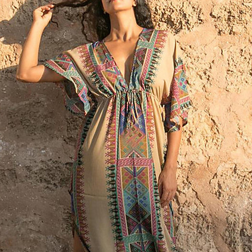 

Women's Cover Up Beach Top Swimsuit Oversized Black print Beige printing Swimwear Bathing Suits New / Padless