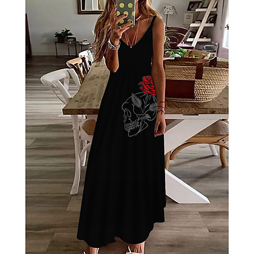 

Women's A Line Dress Maxi long Dress Black Sleeveless Print Print Spring Summer V Neck Casual Holiday 2021 S M L XL XXL 3XL