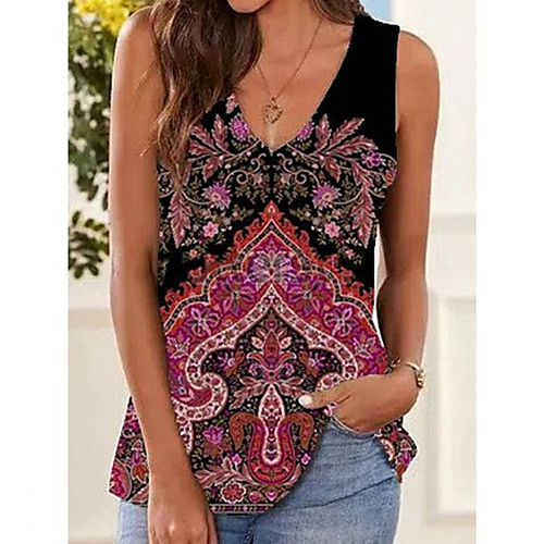 

Women's Tank Top Vest Flower Print V Neck Streetwear Boho Tops Blue Red Yellow