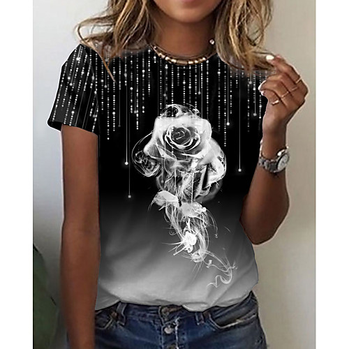 

Women's Floral Theme Painting T shirt Floral Color Gradient Print Round Neck Basic Tops Black
