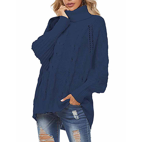 

Women's Knitted Solid Color Sweater Long Sleeve Sweater Cardigans Turtleneck Fall Blue Beige