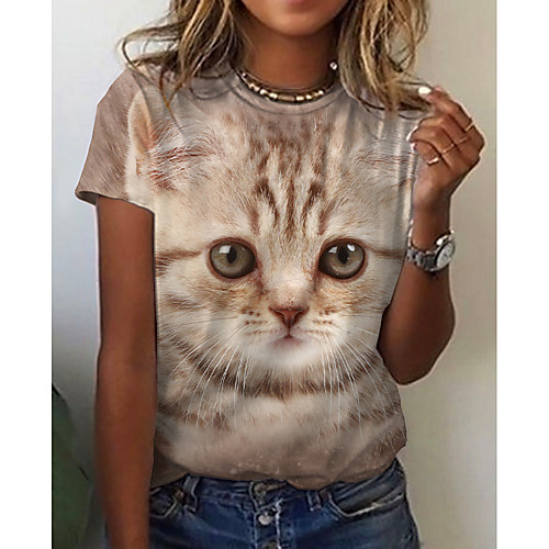 

Women's 3D Cat Painting T shirt Cat 3D Animal Print Round Neck Basic Tops Khaki