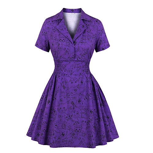 

Women's A Line Dress Midi Dress Purple Short Sleeve Print Summer Vintage 2021 S M L XL XXL