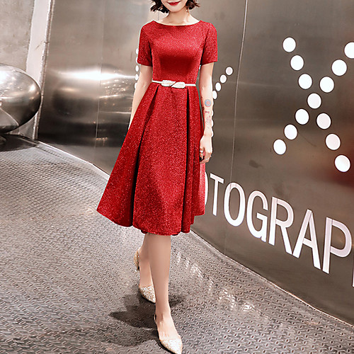 

A-Line Minimalist Elegant Party Wear Cocktail Party Dress Jewel Neck Short Sleeve Knee Length Spandex with Sash / Ribbon 2021