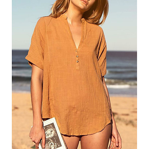 

Women's Blouse Shirt Plain Button V Neck Basic Streetwear Tops Blue Blushing Pink Green