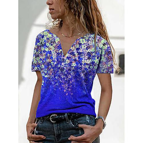 

Women's Floral Theme Painting T shirt Floral Graphic Print V Neck Basic Tops Blue Purple Red