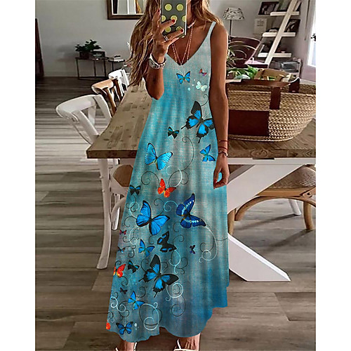 

Women's A Line Dress Maxi long Dress Blue Sleeveless Butterfly Animal Print Spring Summer V Neck Casual Holiday 2021 S M L XL XXL 3XL