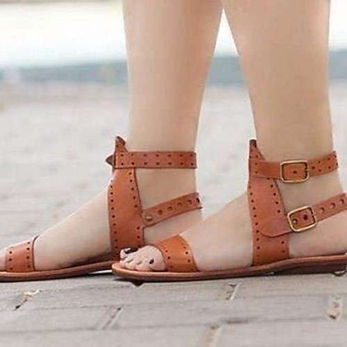 

Women's Sandals Flat Heel Round Toe PU Solid Colored Light Brown White Black