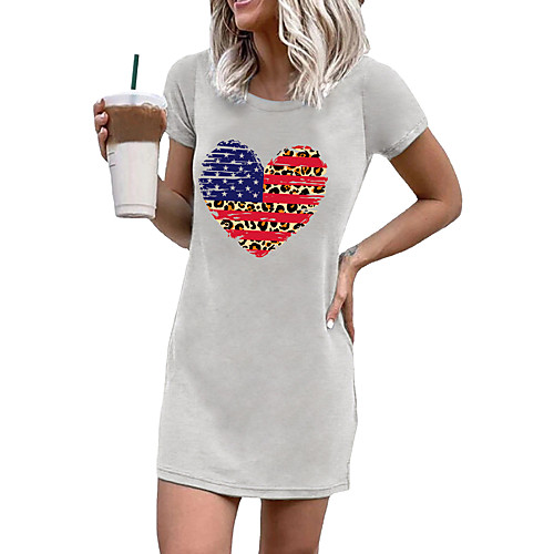 

2021 amazon new base coat independence day creative love print round neck short sleeve mini dress women