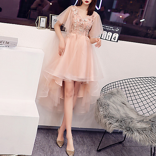 

A-Line Elegant Floral Party Wear Prom Dress V Neck Half Sleeve Asymmetrical Tulle with Appliques 2021