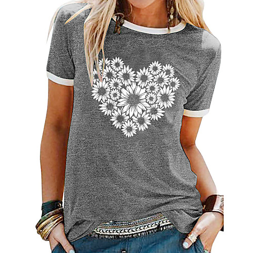 

Women's T shirt Graphic Heart Daisy Patchwork Print Round Neck Basic Tops Blue Purple Black