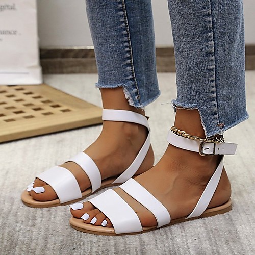 

Women's Sandals Flat Heel Round Toe PU Solid Colored White Black Blue