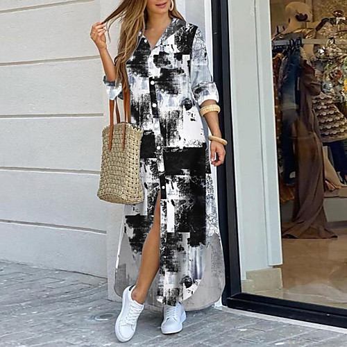 

Women's Shirt Dress Midi Dress Tie dye letter Long Sleeve Print Spring Summer Casual / Daily 2021 S M L XL XXL