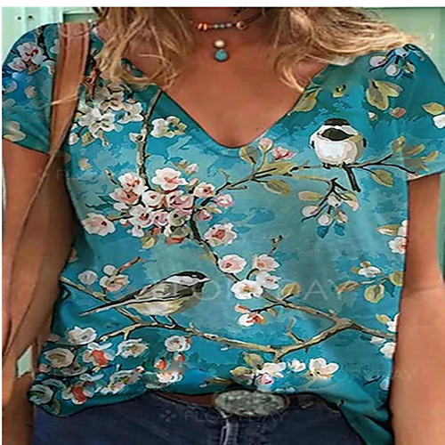 

Women's Floral Theme Abstract Painting T shirt Floral Butterfly Feather Print V Neck Basic Tops Yellow Green
