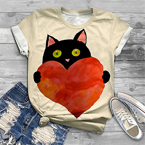 

Women's Plus Size Tops T shirt Cat Graphic Animal Print Short Sleeve Crewneck Basic Yellow Big Size XL XXL 3XL 4XL 5XL / Holiday