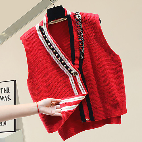 

Women's Pattern Stripes Vest Cotton Sleeveless Sweater Cardigans V Neck Navy Red Apricot