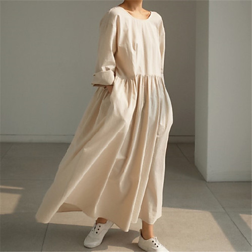 

Women's Loose Maxi long Dress Black Apricot Long Sleeve Solid Color Spring Summer Casual 2021 S M L XL / Cotton / Cotton