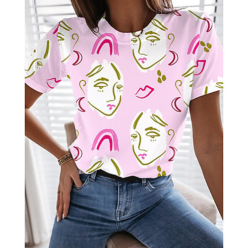 

Women's Abstract Portrait Painting T shirt Graphic Portrait Print Round Neck Basic Tops Purple Yellow Blushing Pink