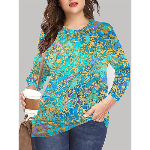 

Women's Plus Size Tops Pullover Sweatshirt Floral Graphic Print Long Sleeve Crewneck Basic Fall Summer Blue Green Big Size XL XXL 3XL 4XL 5XL
