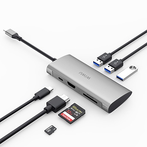 

WiWU High Speed with Card Reader(s) OTG Alpha 731HP USB 3.0 USB C to USB 3.0 SD Card TF Card HDMI-compatible USB Hub 7 Ports For Windows, PC, Laptop