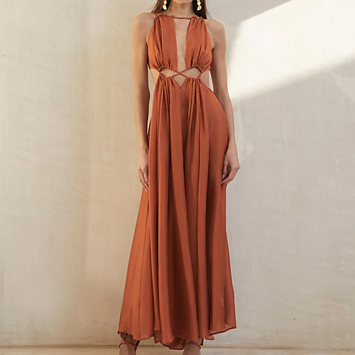 

Women's Swing Dress Maxi long Dress Orange Sleeveless Solid Color Ruched Fall Summer Halter Neck Casual Holiday Loose 2021 S M L