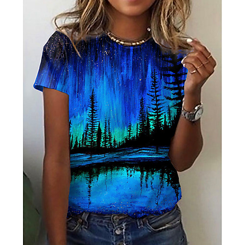 

Women's Floral Theme Abstract 3D Printed T shirt Graphic Scenery 3D Print Round Neck Basic Tops Blue Purple