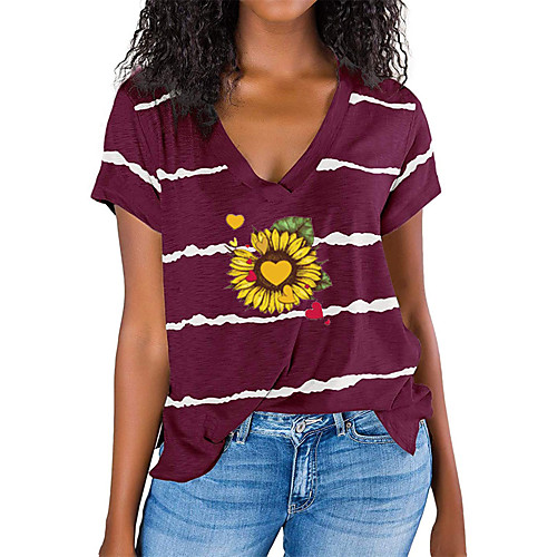 

Women's T shirt Striped Graphic Sunflower Print V Neck Basic Tops Fuchsia Gray Black