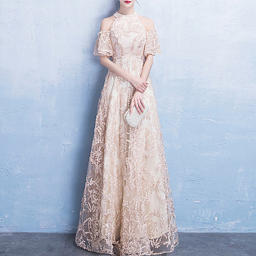 

A-Line Minimalist Elegant Party Wear Formal Evening Dress Jewel Neck Short Sleeve Floor Length Tulle with Embroidery 2021