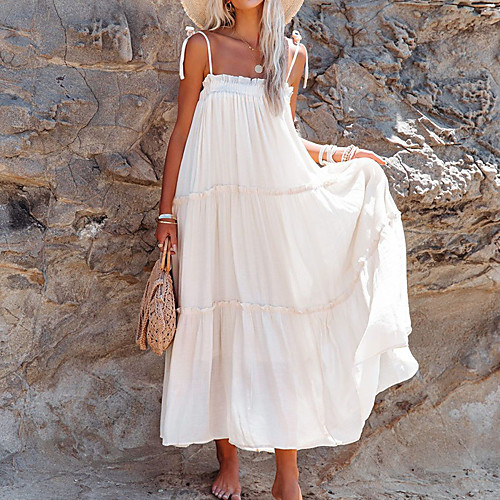

Women's Strap Dress Midi Dress White Black Apricot Sleeveless Solid Color Smocked Ruffle Patchwork Spring Summer cold shoulder Casual Vacation Holiday 2021 S M L XL / Cotton / Cotton