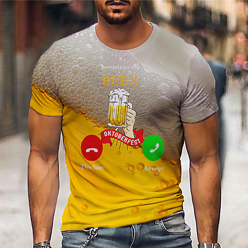 

Men's Tee T shirt Shirt 3D Print Graphic Prints Beer Print Short Sleeve Daily Tops Casual Designer Big and Tall Yellow