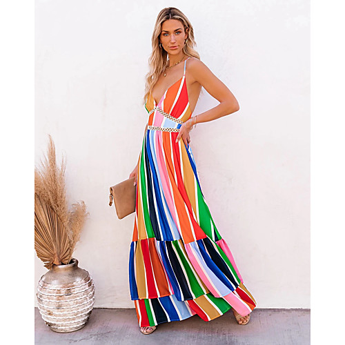 

cross-border foreign trade 2021 spring and summer new rainbow stripes printed lace deep v-neck straps sling dress long skirt women