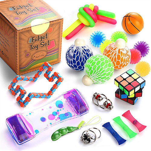 

Sensory Fidget Toys Set, 25 Pcs., Stress Relief and Anti-Anxiety Tools Bundle for Kids and Adults, Marble and Mesh, Pack of Squeeze Balls, Soybean Squeeze, Flippy Chain, Liquid Motion Timer & More
