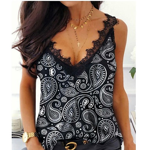 

Women's Holiday Blouse Tank Top Vest Paisley Lace Trims Print V Neck Basic Streetwear Tops Blue Purple Red