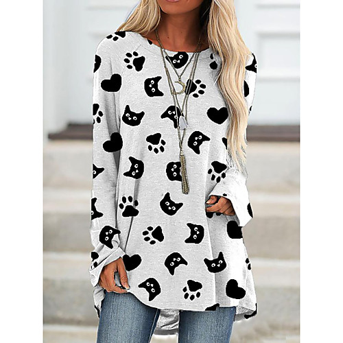 

Women's Cat Painting T shirt Cat Animal Long Sleeve Print Round Neck Basic Tops Blushing Pink Gray White