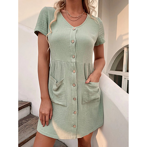 

Women's A Line Dress Knee Length Dress Green Short Sleeve Solid Color Spring Summer Casual 2021 XS S M L