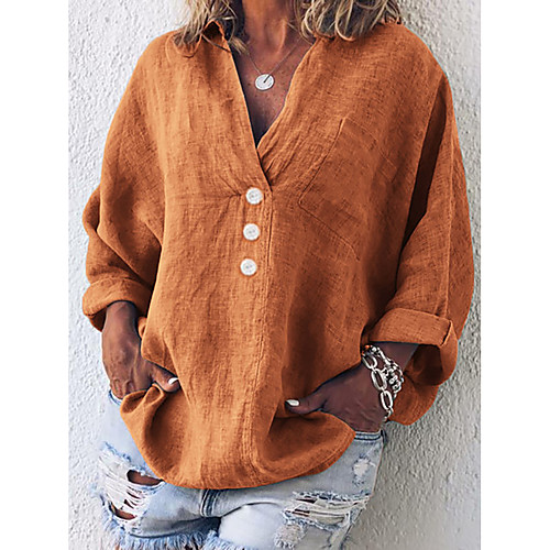 

Women's Blouse Shirt Plain Long Sleeve Pocket Button V Neck Basic Streetwear Tops Blue Orange Khaki