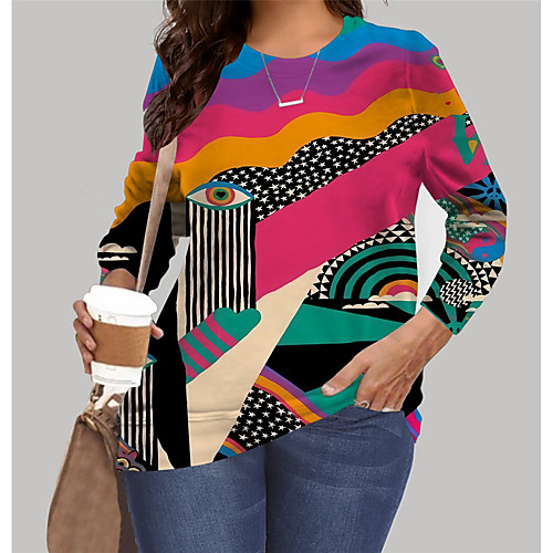 

Women's Plus Size Tops Blouse Striped Graphic Color Block Print Long Sleeve Crewneck Basic Rainbow Big Size XL XXL 3XL 4XL 5XL / Holiday