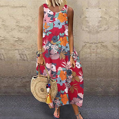 

Women's Swing Dress Midi Dress Blue White Red Sleeveless Print Spring Summer Casual 2021 S M L XL XXL