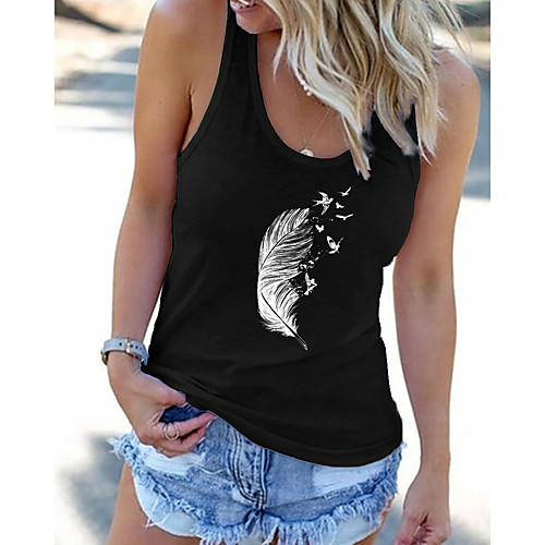 

Women's Beach Tank Top Vest T shirt Feather Print U Neck Basic Streetwear Tops Black Gray