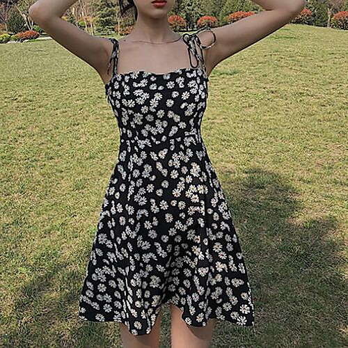 

Women's Strap Dress Short Mini Dress Black Sleeveless Floral Print Summer cold shoulder Elegant 2021 S M L XL XXL 3XL