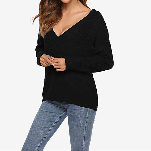 

Women's Knitted Solid Color Sweater Long Sleeve Sweater Cardigans V Neck Fall Blue Red Black