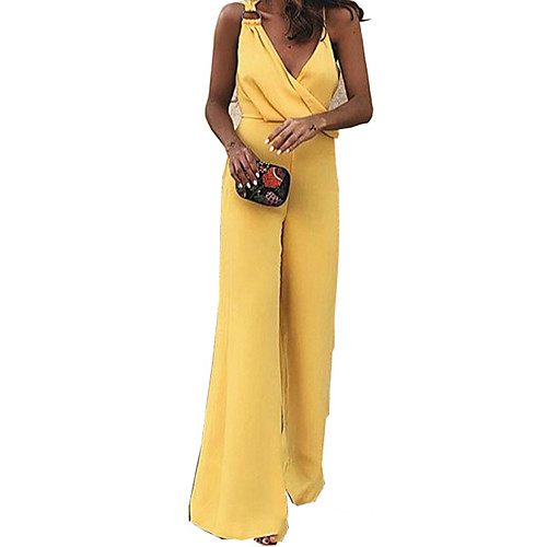 

Women's Ordinary Streetwear Deep V Plunging Blue Red Yellow Jumpsuit Solid Colored