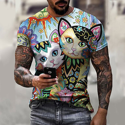 

Men's Tee T shirt Shirt 3D Print Cat Graphic Plus Size Short Sleeve Casual Tops Basic Designer Slim Fit Big and Tall Blue Royal Blue