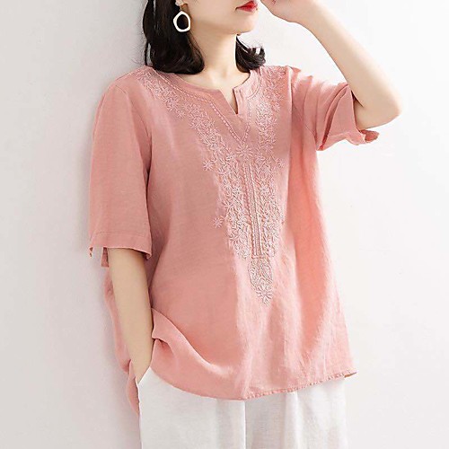 

Women's Blouse Shirt Plain Embroidered V Neck Basic Streetwear Tops Blue Blushing Pink Royal Blue
