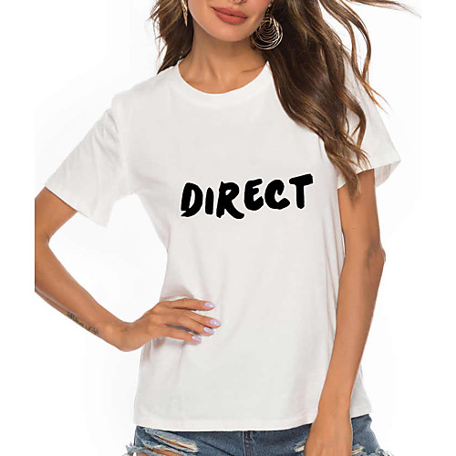 

Women's Painting T shirt Text Print Round Neck Basic Tops Cotton White
