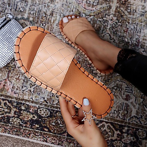 

Women's Sandals Outdoor Slippers Flat Heel Round Toe Rubber PU Color Block Almond Red Pink