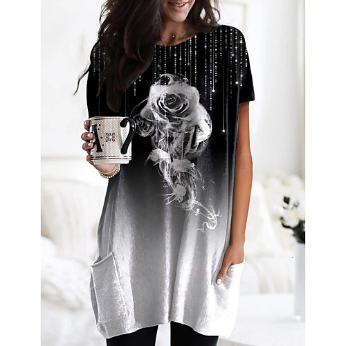 

Women's Abstract Painting T shirt Dress Color Gradient Graphic Pocket Print Round Neck Basic Tops Black