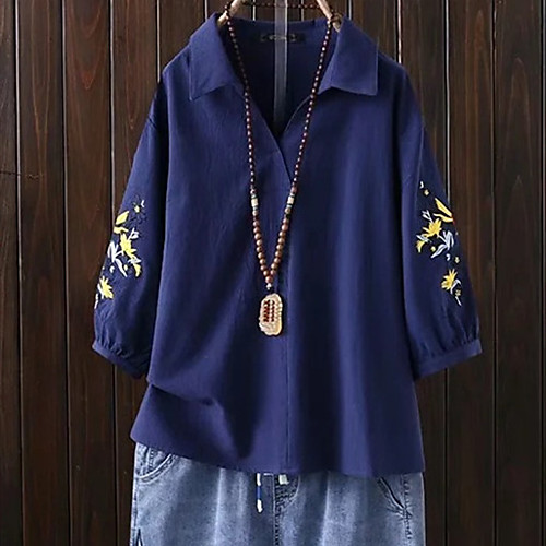 

Women's Plus Size Tops Blouse Shirt Floral Short Sleeve Button Down Collar Navy Yellow White Big Size XL XXL XXXL 4XL