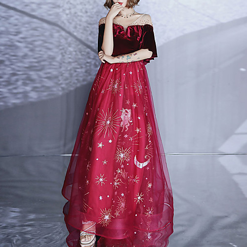 

A-Line Minimalist Elegant Engagement Formal Evening Dress Illusion Neck Half Sleeve Floor Length Tulle Velvet with Crystals 2021